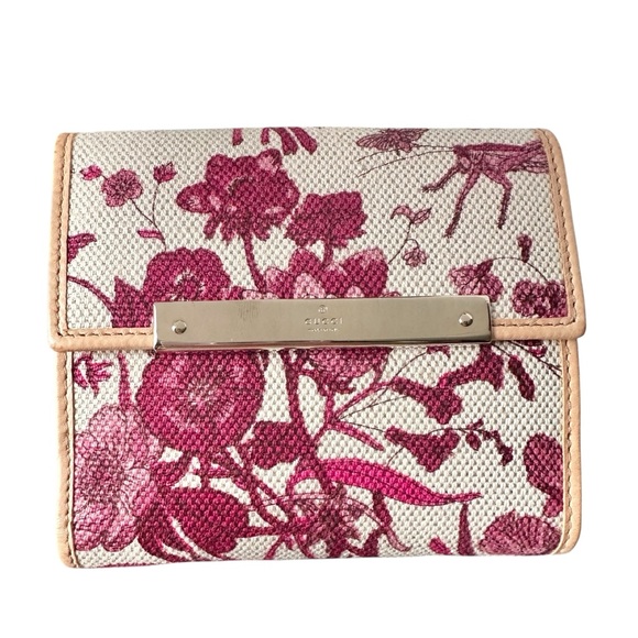Gucci Floral Pink White & Tan Canvas & Leather Compact Bifold Wallet - Picture 2 of 13